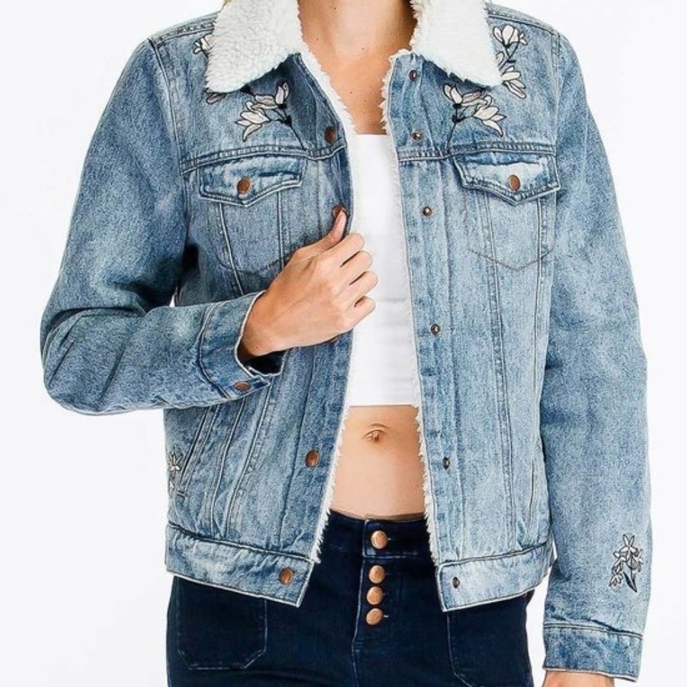 Jean Jacket with Floral Patching and Fur Lining